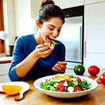 Mindful Meal**

Prompt: "A brightly lit kitchen. A person is enjoying a colourful salad with fresh ingredients. Emphasis on mindful eating, taking a slow bite. Soft, natural lighting. Healthy lifestyle concept. Appropriate for all ages."

**
