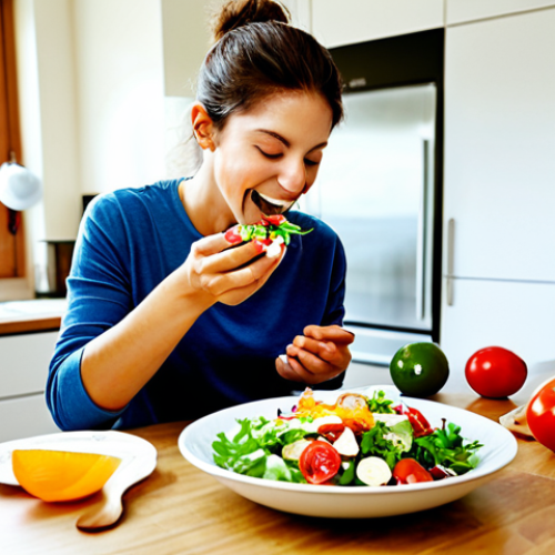 Mindful Meal**

Prompt: "A brightly lit kitchen. A person is enjoying a colourful salad with fresh ingredients. Emphasis on mindful eating, taking a slow bite. Soft, natural lighting. Healthy lifestyle concept. Appropriate for all ages."

**
