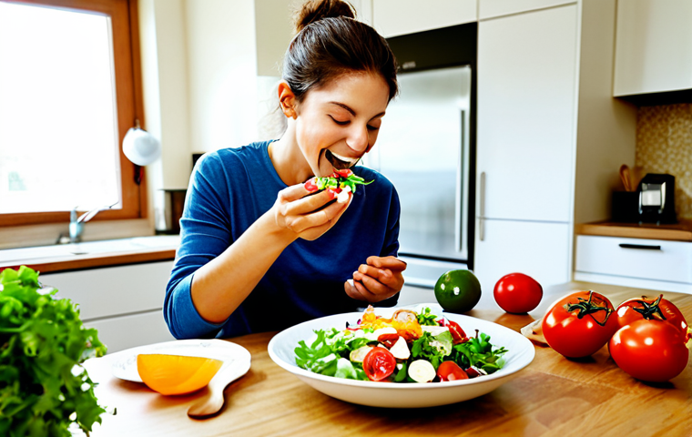 Mindful Meal**

Prompt: "A brightly lit kitchen. A person is enjoying a colourful salad with fresh ingredients. Emphasis on mindful eating, taking a slow bite. Soft, natural lighting. Healthy lifestyle concept. Appropriate for all ages."

**
