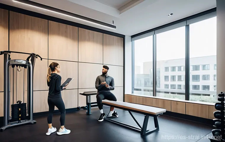 스포츠 트레이너 고객 상담 스킬 - **Prompt:** A diverse male personal trainer and a diverse female client are engaged in a heartfelt c...