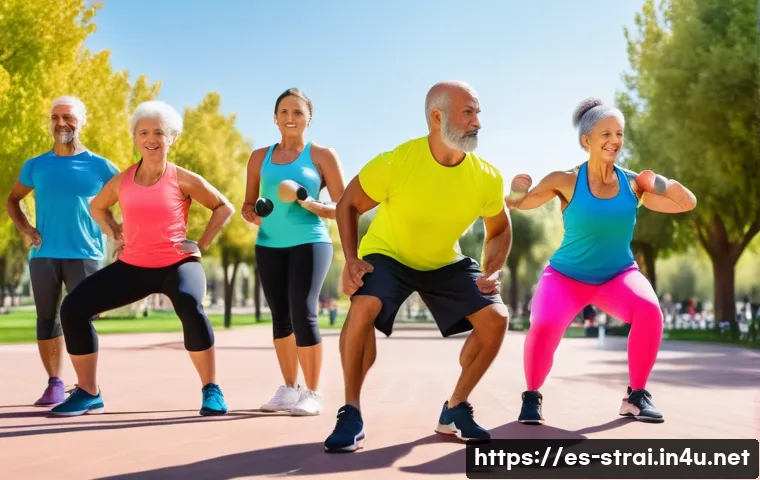 스포츠 트레이너가 가르치는 운동 종류와 차이 - A diverse group of Spanish-speaking adults performing a balanced workout session outdoors in a sunny...