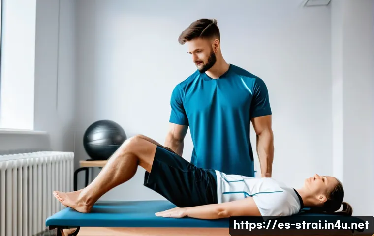 스포츠 트레이너가 반드시 알아야 할 재활 트레이닝 - A professional sports rehabilitation clinic scene featuring a male football player wearing athletic ...