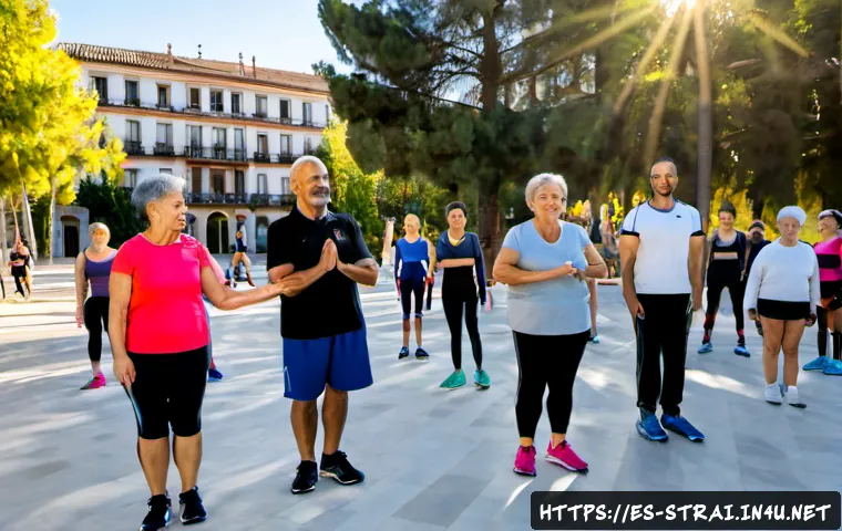 Home 17 스포츠 트레이너가 주도하는 지역사회 활동 - Photorealistic community fitness session in a sunny neighborhood plaza in Madrid, Spain, led by a fr...