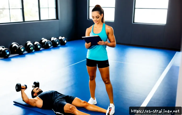 Home 17 스포츠 트레이너 전문 자격증 종류와 차이 - Photorealistic scene of a Spanish-speaking sports trainer in a bright modern fitness studio, wearing...